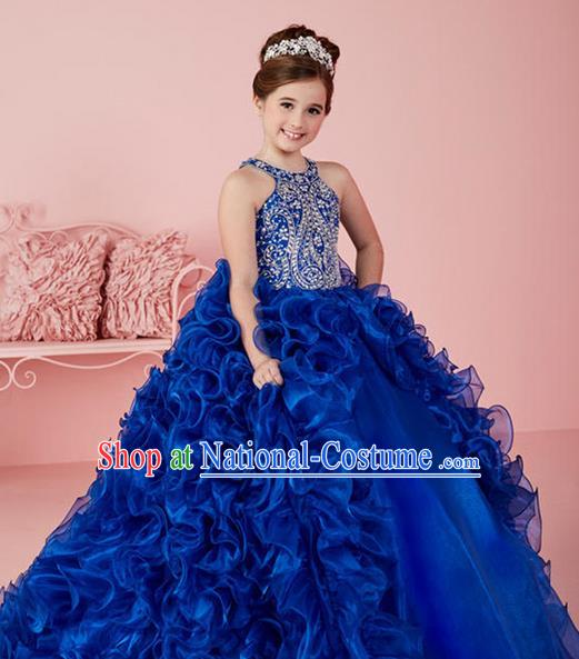 Top Grade Chinese Compere Professional Performance Catwalks Costume, Children Chorus Blue Flowers Big Swing Wedding Formal Dress Modern Dance Baby Princess Long Trailing Dress for Girls Kids