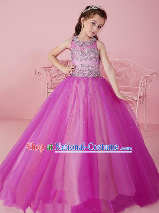 Top Grade Chinese Compere Professional Performance Catwalks Costume, Children Chorus Pink Crystal Big Swing Wedding Formal Dress Modern Dance Baby Princess Long Bubble Dress for Girls Kids