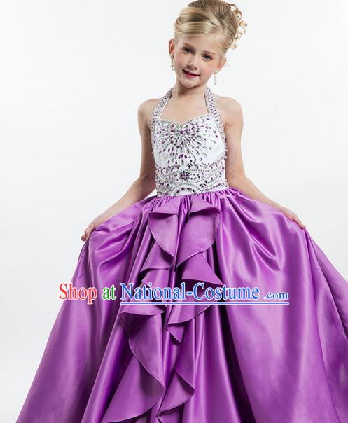 Top Grade Chinese Compere Professional Performance Catwalks Costume, Children Chorus Purple Crystal Big Swing Wedding Formal Dress Modern Dance Baby Princess Long Bubble Dress for Girls Kids