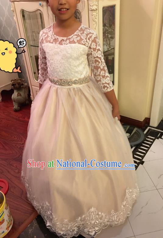 Top Grade Chinese Compere Professional Performance Catwalks Costume, Children Chorus White Lace Big Swing Wedding Formal Dress Modern Dance Baby Princess Long Bubble Dress for Girls Kids