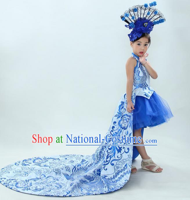 Top Grade Chinese Compere Professional Performance China Style Catwalks Costume, Children Chorus Blue and White Porcelain Formal Dress Modern Dance Baby Princess Long Trailing Dress for Girls Kids