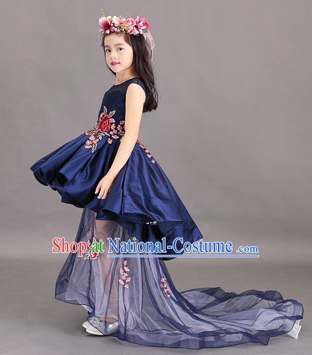 Top Grade Chinese Compere Professional Performance China Style Catwalks Costume, Children Chorus Embroidery Peony Wedding Formal Dress Modern Dance Baby Princess Long Trailing Dress for Girls Kids