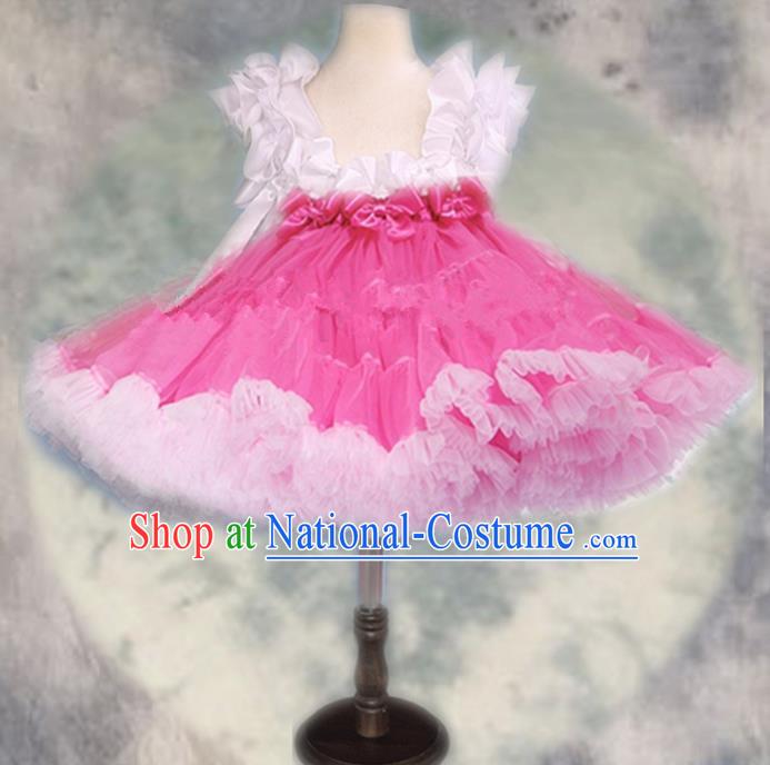 Top Grade Chinese Compere Professional Performance Catwalks Costume, Children Chorus White and Pink Bubble Formal Dress Modern Dance Baby Princess Veil Short Dress for Girls Kids