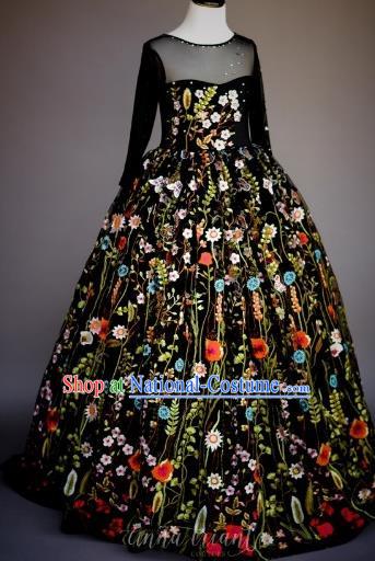 Top Grade Chinese Compere Professional Performance Piano Recital Catwalks Costume, Children Chorus Embroidery Flowers Black Wedding Bubble Formal Dress Modern Dance Baby Princess Trailing Long Dress for Girls Kids