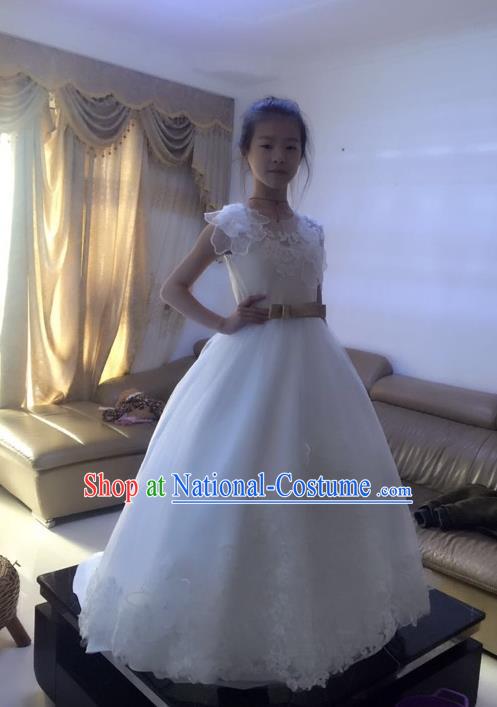 Top Grade Chinese Compere Professional Performance Piano Recital Catwalks Costume, Children Chorus Flowers Fairy White Wedding Bubble Formal Dress Modern Dance Baby Princess Trailing Long Dress for Girls Kids