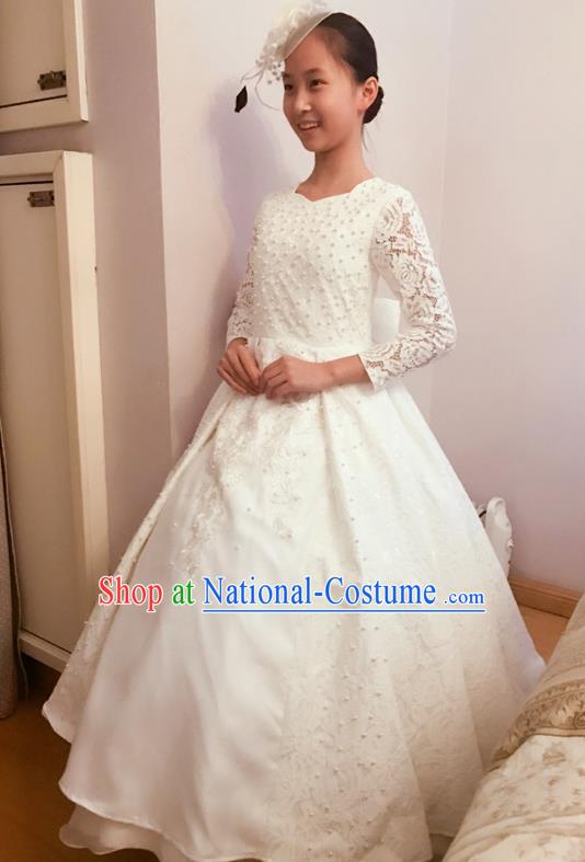 Top Grade Chinese Compere Professional Performance Piano Recital Catwalks Costume, Children Chorus Luxury White Wedding Bubble Formal Dress Modern Dance Baby Princess Trailing Long Dress for Girls Kids