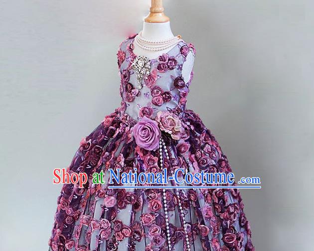 Top Grade Chinese Compere Professional Performance Piano Recital Catwalks Costume, Children Chorus Luxury Flowers Wedding Bubble Formal Dress Modern Dance Baby Princess Trailing Long Dress for Girls Kids