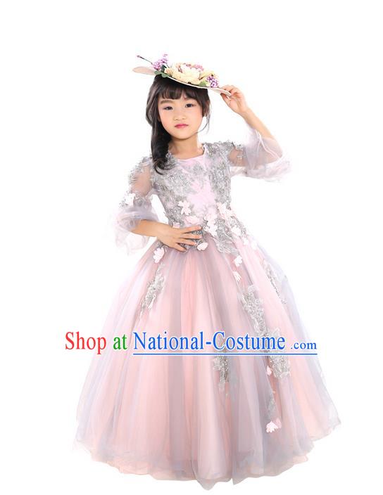 Top Grade Chinese Compere Professional Performance Piano Recital Catwalks Costume, Children Chorus Luxury Flower Fairy Wedding Veil Bubble Formal Dress Modern Dance Baby Princess Trailing Long Dress for Girls Kids