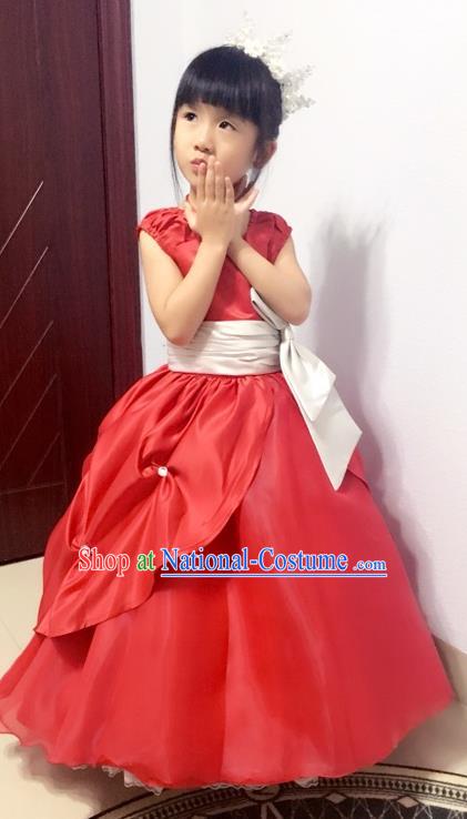 Top Grade Chinese Compere Professional Performance Piano Recital Catwalks Costume, Children Chorus Luxury Red Wedding Bubble Formal Dress Modern Dance Baby Princess Trailing Long Dress for Girls Kids