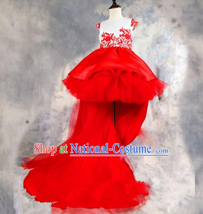 Top Grade Chinese Compere Professional Performance Catwalks Costume, Children Chorus Luxury Red Wedding Bubble Formal Dress Modern Dance Baby Princess Long Trailing Dress for Girls Kids