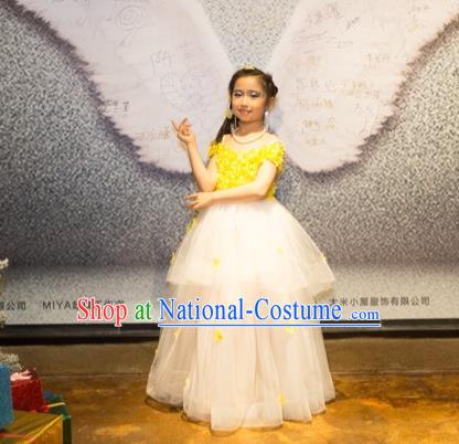 Top Grade Chinese Compere Professional Performance Catwalks Costume, Children Chorus Luxury Flower Fairy Yellow Wedding Bubble Formal Dress Modern Dance Baby Princess Long Trailing Dress for Girls Kids