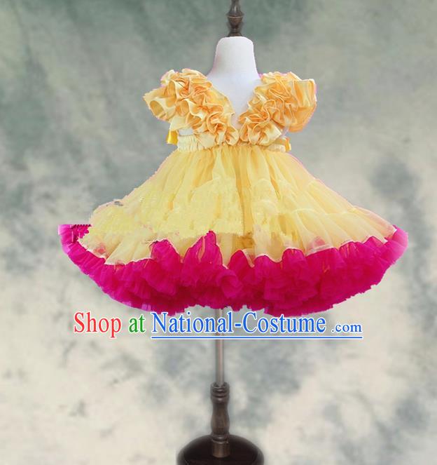 Top Grade Chinese Compere Professional Performance Catwalks Costume, Children Chorus Yellow and Pink Bubble Formal Dress Modern Dance Baby Princess Veil Short Dress for Girls Kids