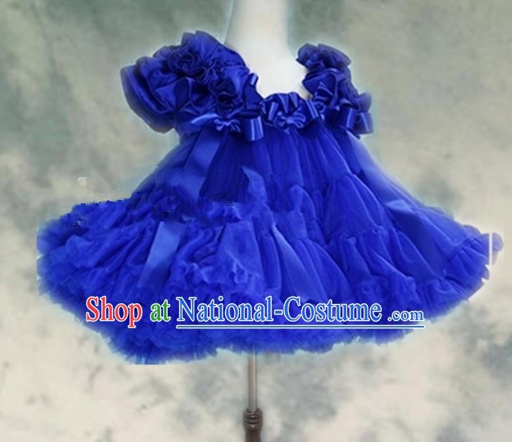 Top Grade Chinese Compere Professional Performance Catwalks Costume, Children Chorus Blue Bubble Formal Dress Modern Dance Baby Princess Veil Short Dress for Girls Kids