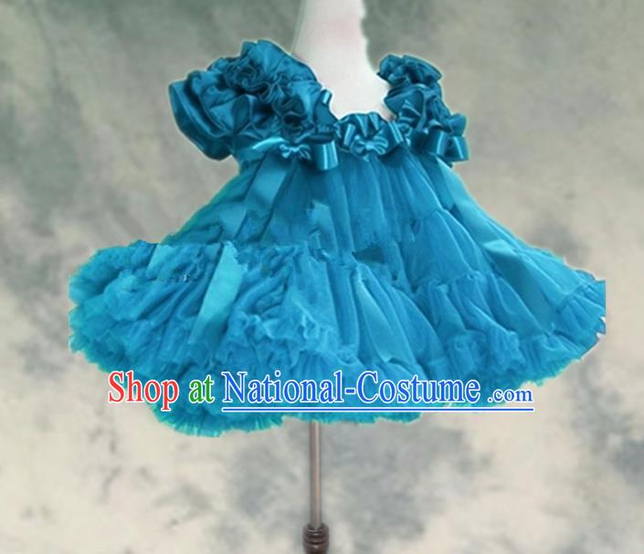 Top Grade Chinese Compere Professional Performance Catwalks Costume, Children Chorus Peacock Blue Bubble Formal Dress Modern Dance Baby Princess Veil Short Dress for Girls Kids