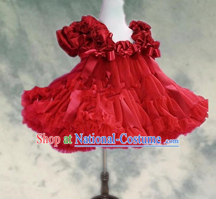 Top Grade Chinese Compere Professional Performance Catwalks Costume, Children Chorus Red Bubble Formal Dress Modern Dance Baby Princess Veil Short Dress for Girls Kids