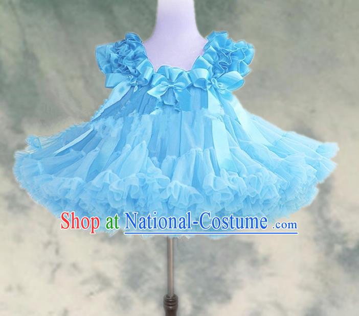 Top Grade Chinese Compere Professional Performance Catwalks Costume, Children Chorus Light Blue Bubble Formal Dress Modern Dance Baby Princess Veil Short Dress for Girls Kids