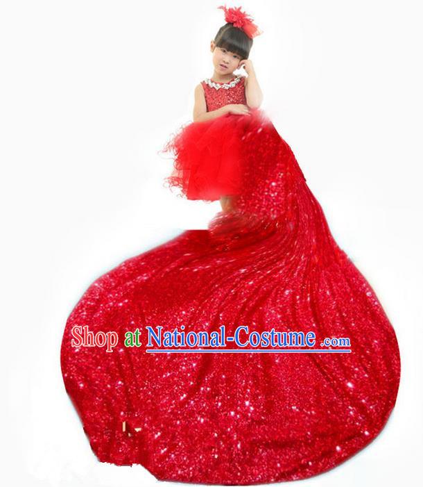 Top Grade Chinese Compere Professional Performance Christmas Catwalks Costume, Children Chorus Luxury Red Wedding Formal Dress Modern Dance Baby Princess Long Trailing Dress for Girls Kids