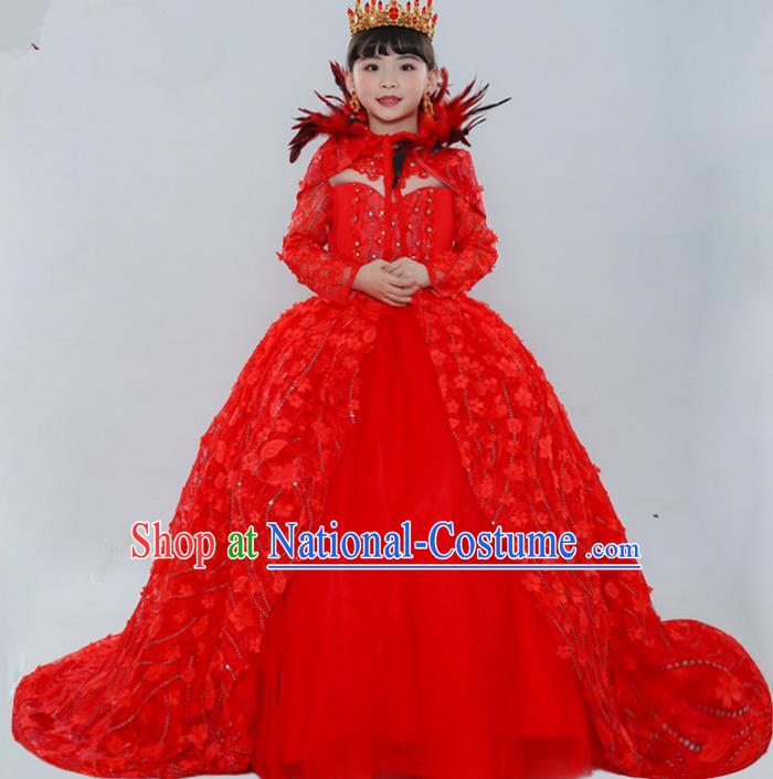 Top Grade Chinese Compere Professional Performance Catwalks Costume, Children Chorus Palace Queen Wedding Red Formal Dress Modern Dance Baby Princess Long Trailing Dress for Girls Kids