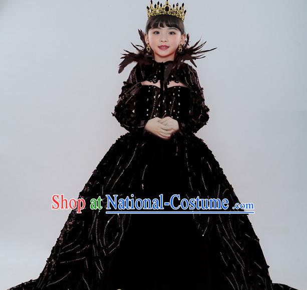 Top Grade Chinese Compere Professional Performance Catwalks Costume, Children Chorus Palace Queen Wedding Black Formal Dress Modern Dance Baby Princess Long Trailing Dress for Girls Kids