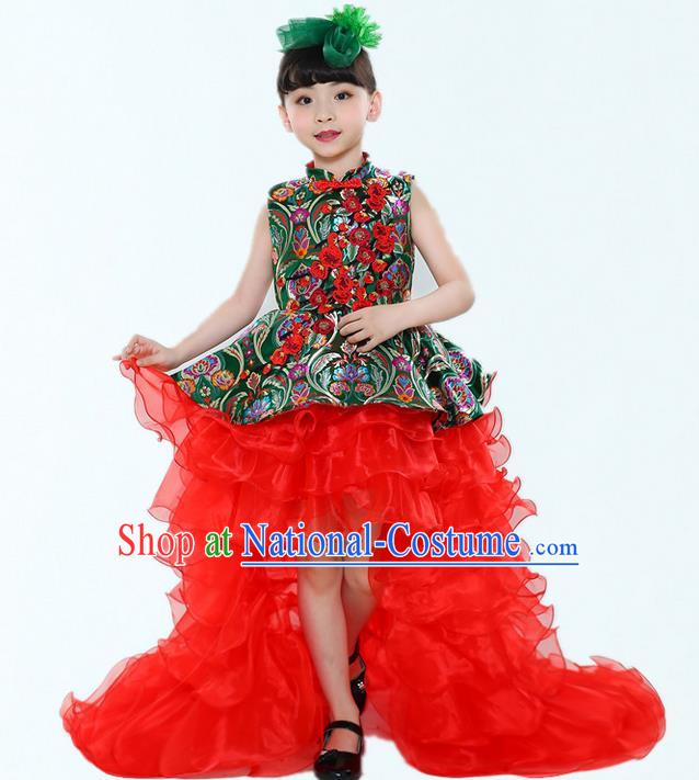 Top Grade Chinese Compere Professional Performance China Style Catwalks Costume, Children Chorus Red Cheongsam Formal Dress Modern Dance Baby Princess Long Trailing Dress for Girls Kids