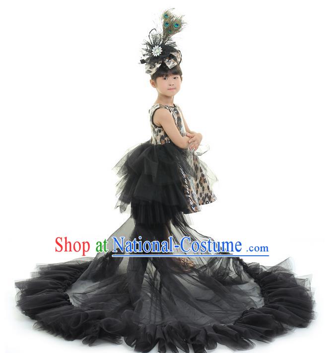 Top Grade Chinese Compere Professional Performance Catwalks Costume, Children Chorus Black Leopard Formal Dress Modern Dance Baby Princess Long Trailing Dress for Girls Kids