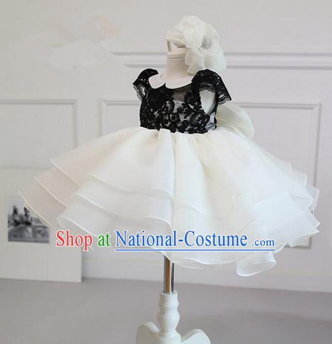 Top Grade Compere Professional Performance Catwalks Costume, Children Chorus White Lace Bubble Formal Dress Modern Dance Baby Princess Short Dress for Girls Kids