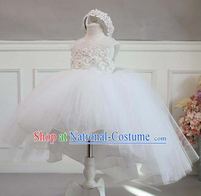 Top Grade Compere Professional Performance Catwalks Costume, Children Chorus White Flowers Veil Bubble Formal Dress Modern Dance Baby Princess Short Dress for Girls Kids