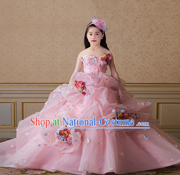 Top Grade Compere Professional Performance Catwalks Costume, Children Chorus Pink Flowers Multilayer Veil Bubble Formal Dress Modern Dance Baby Princess Big Swing Long Dress for Girls Kids