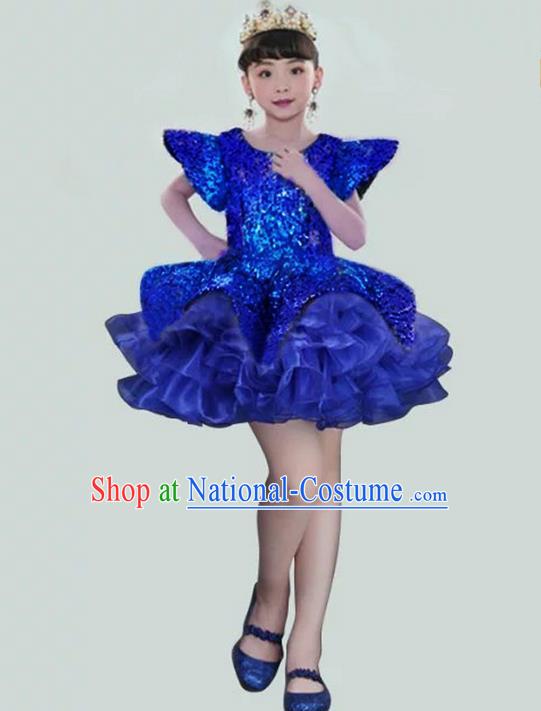 Top Grade Compere Professional Performance Catwalks Costume, Children Chorus Blue Paillette Bubble Formal Dress Modern Dance Baby Princess Short Dress for Girls Kids