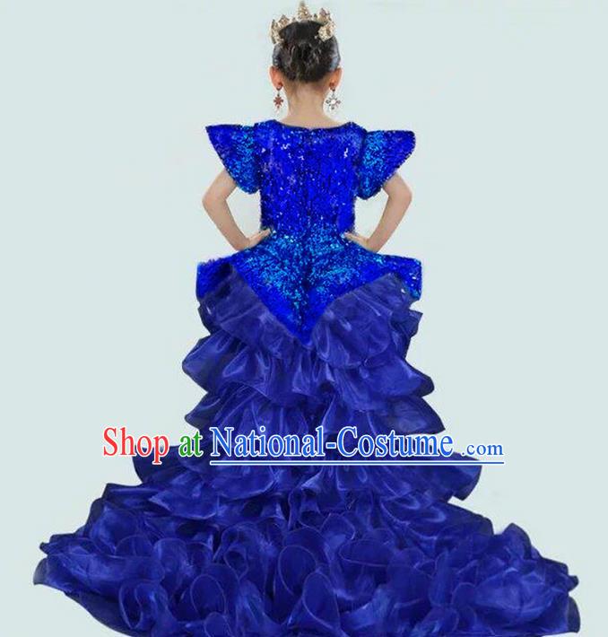 Top Grade Compere Professional Performance Catwalks Costume, Children Chorus Blue Paillette Bubble Formal Dress Modern Dance Baby Princess Long Trailing Dress for Girls Kids