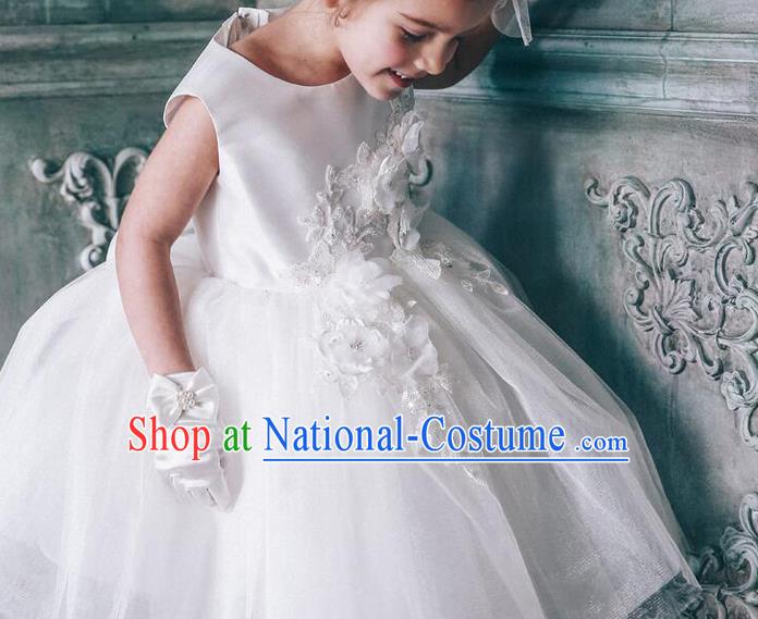 Top Grade Compere Professional Performance Catwalks Costume, Children Chorus White Flowers Multilayer Veil Bubble Formal Dress Modern Dance Baby Princess Short Dress for Girls Kids