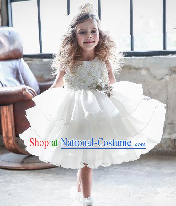 Top Grade Compere Professional Performance Catwalks Costume, Children Chorus White Beads Multilayer Veil Bubble Formal Dress Modern Dance Baby Princess Short Dress for Girls Kids