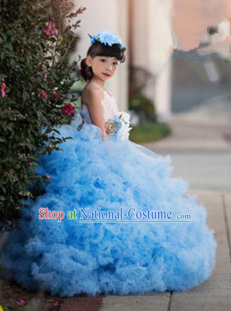 Top Grade Compere Professional Performance Catwalks Costume, Children Chorus Blue Multilayer Veil Bubble Formal Dress Modern Dance Baby Princess Big Swing Long Dress for Girls Kids