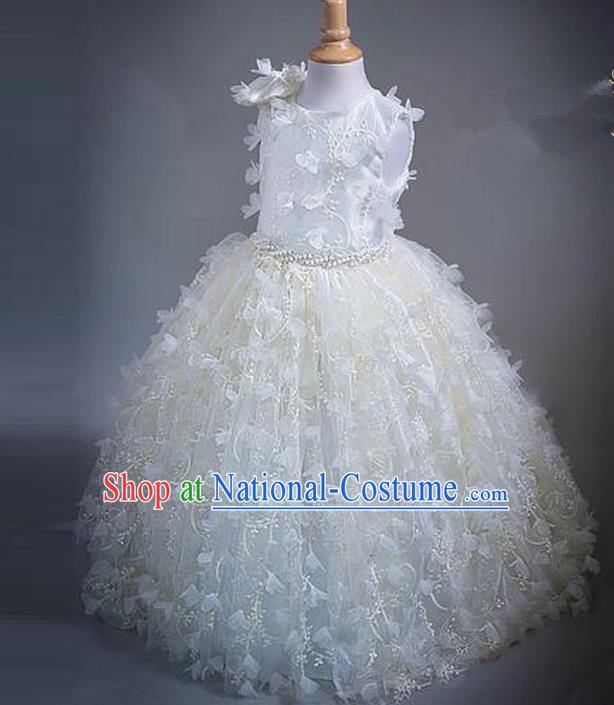 Top Grade Compere Professional Performance Catwalks Costume, Children Chorus White Bowknot Veil Bubble Formal Dress Modern Dance Baby Princess Big Swing Long Dress for Girls Kids