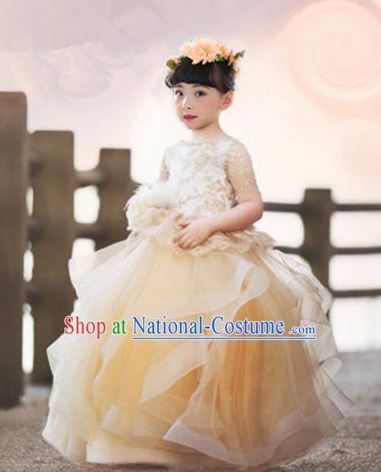 Top Grade Compere Professional Performance Catwalks Costume, Children Chorus Golden Flowers Multilayer Veil Bubble Formal Dress Modern Dance Baby Princess Big Swing Long Dress for Girls Kids