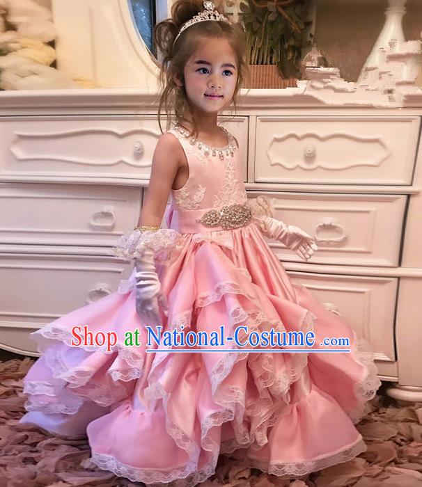 Top Grade Compere Professional Performance Catwalks Costume, Children Chorus Pink Crystal Lace Multilayer Veil Bubble Formal Dress Modern Dance Baby Princess Big Swing Long Dress for Girls Kids