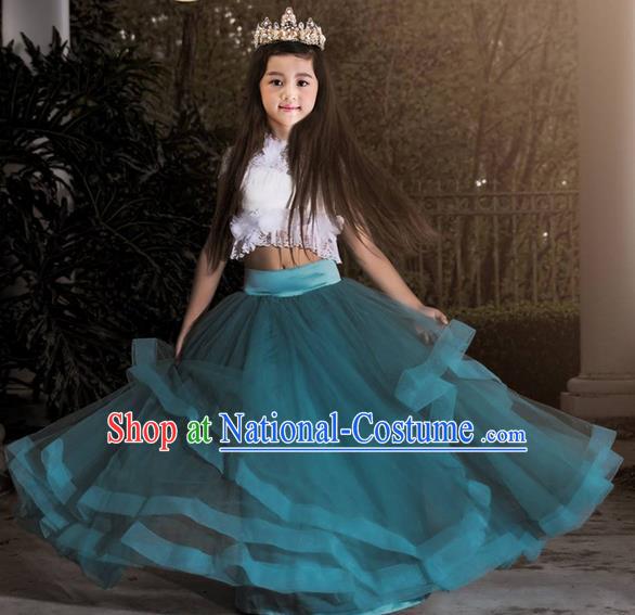 Top Grade Compere Professional Performance Catwalks Costume, Children Chorus Blue Lace Multilayer Veil Bubble Formal Dress Modern Dance Baby Princess Big Swing Long Dress for Girls Kids