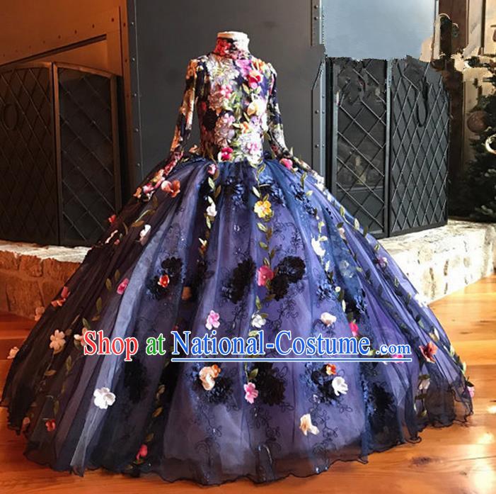 Top Grade Compere Professional Performance Catwalks Costume, Children Chorus Blue Bubble Backless Formal Dress Modern Dance Baby Princess Big Swing Long Dress for Girls Kids