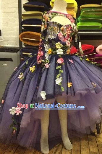 Top Grade Compere Professional Performance Catwalks Costume, Children Chorus Blue Bubble Backless Formal Dress Modern Dance Baby Princess Long Trailing Dress for Girls Kids