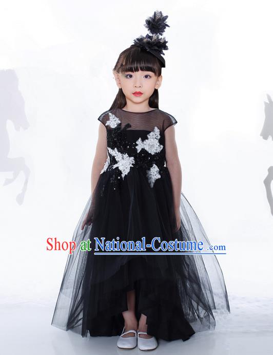 Top Grade Compere Professional Performance Catwalks Costume, Children Chorus Black Paillette Bubble Formal Dress Modern Dance Baby Princess Ball Gown Long Dress for Girls Kids