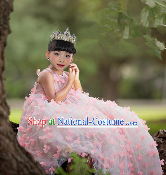 Top Grade Compere Professional Performance Catwalks Costume, Children Chorus Pink Flower Fairy Bubble Formal Dress Modern Dance Baby Princess Ball Gown Long Dress for Girls Kids