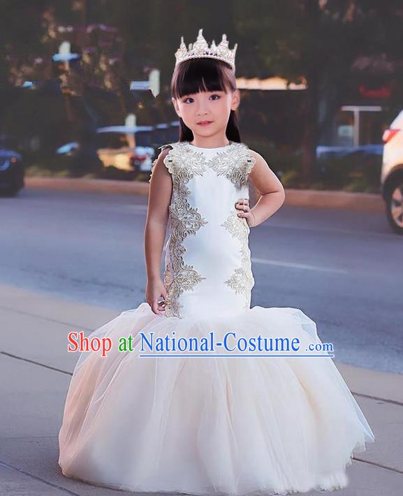 Top Grade Compere Professional Performance Catwalks Costume, Children Chorus White Fishtail Formal Dress Modern Dance Baby Princess Ball Gown Long Mermaid Dress for Girls Kids