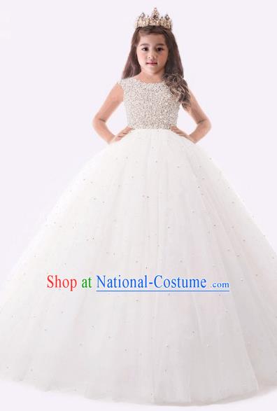 Top Grade Compere Professional Performance Catwalks Costume, Children Chorus Pearl White Formal Dress Modern Dance Baby Princess Ball Gown Long Dress for Girls Kids