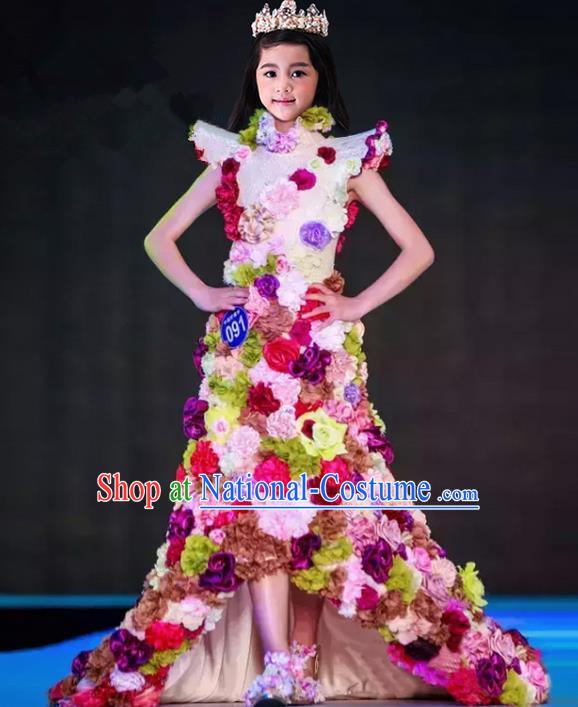 Top Grade Compere Professional Performance Catwalks Costume, Children Chorus Flower Fairy Formal Dress Modern Dance Baby Princess Ball Gown Long Trailing Dress for Girls Kids