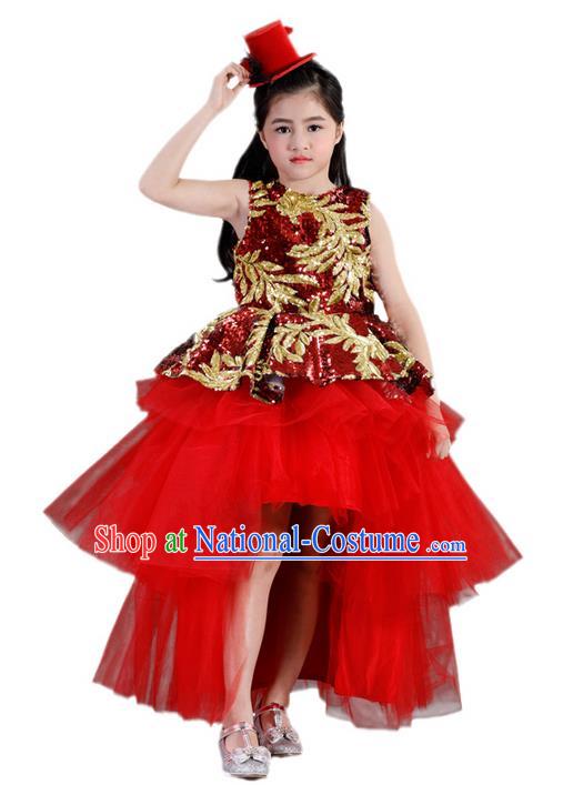 Top Grade Compere Professional Performance Catwalks Costume, Children Chorus Red Formal Bubble Dress Modern Dance Baby Princess Ball Gown Trailing Short Dress for Girls Kids