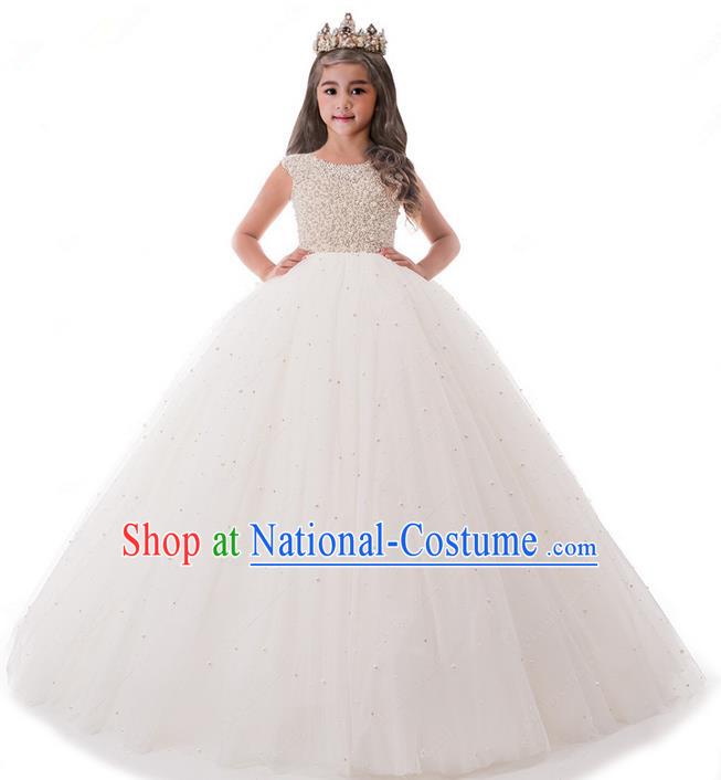 Top Grade Compere Professional Performance Catwalks Costume, Children Chorus White Pearl Formal Dress Modern Dance Baby Princess Ball Gown Trailing Dress for Girls Kids