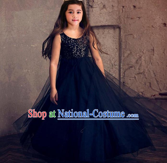 Top Grade Compere Professional Performance Catwalks Costume, Children Chorus Black Formal Dress Modern Dance Baby Princess Ball Gown Trailing Dress for Girls Kids