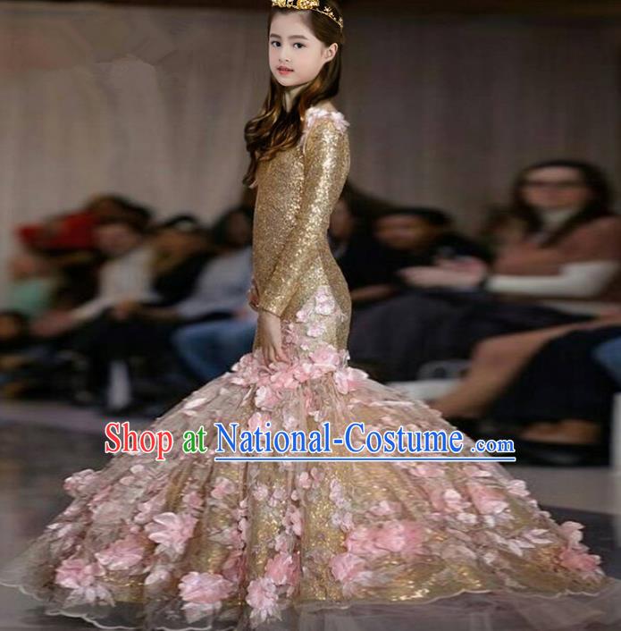 Top Grade Compere Professional Performance Catwalks Costume, Children Chorus Golden Fishtail Wedding Formal Dress Modern Dance Baby Princess Mermaid Ball Gown Long Dress for Girls Kids