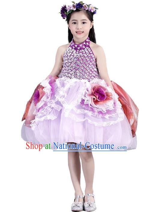 Top Grade Compere Professional Performance Catwalks Costume, Children Chorus Pink Flowers Wedding Formal Bubble Dress Modern Dance Baby Princess Short Ball Gown Dress for Girls Kids