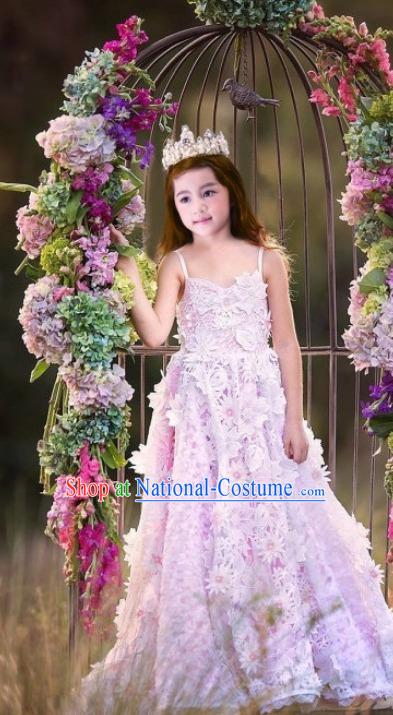 Top Grade Compere Professional Performance Catwalks Costume, Children Chorus Pink Flower Fairy Formal Dress Modern Dance Baby Princess Ball Gown Long Trailing Slip Dress for Girls Kids